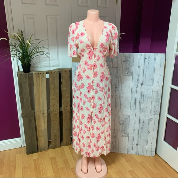 Zara Pink Button Front Midi Floral Dress Sz L - Picture 3 of 9